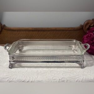 Anchor Hocking Fire King Glass Rectangular Dish with Silver Plated Base